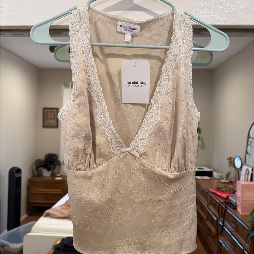One Clothing Beige Lace Trim Top
